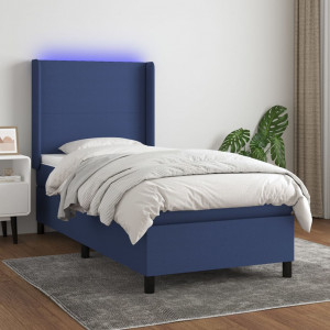 Cama box spring colchón y luces LED tela azul 90x200 cm D