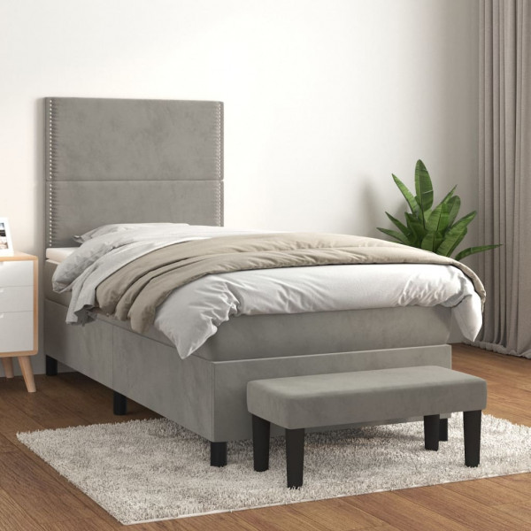 Cama box spring con colchón terciopelo gris claro 80x200 cm D