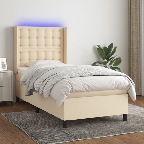 Cama box spring colchón y luces LED tela crema 90x200 cm D