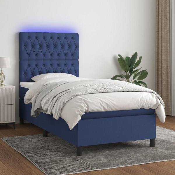 Cama box spring colchón y luces LED tela azul 100x200 cm D