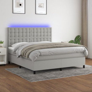 Cama box spring colchón y luces LED tela gris claro 180x200 cm D