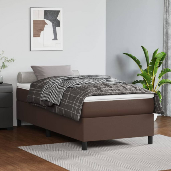 Estructura de cama box spring cuero sintético marrón 90x190 cm D