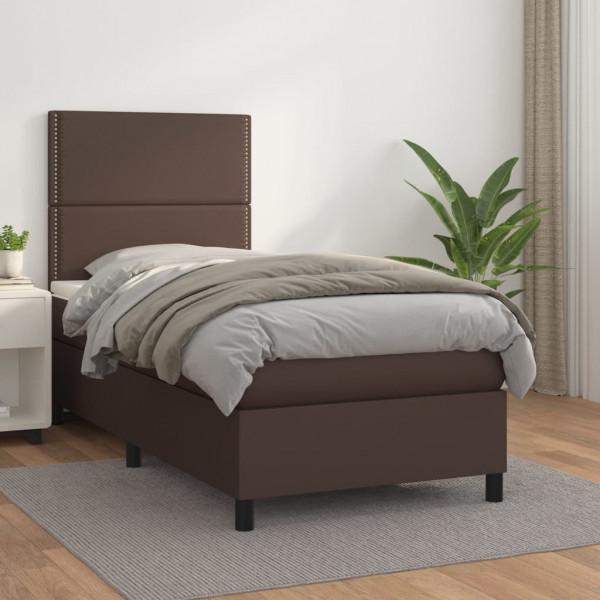 Cama box spring con colchón cuero sintético marrón 90x200 cm D