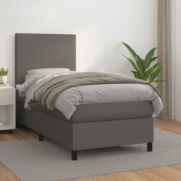 Cama box spring con colchón cuero sintético gris 90x200 cm D