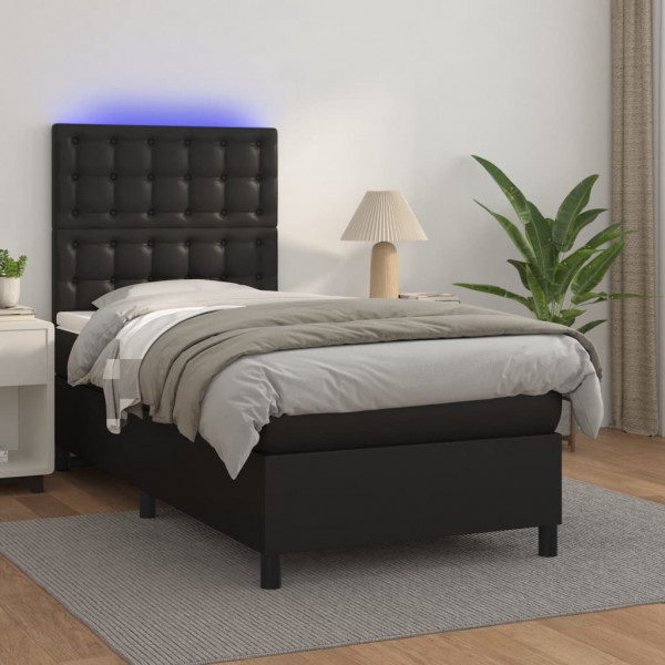 Cama box spring colchão e LED couro sintético preto 100x200 cm D