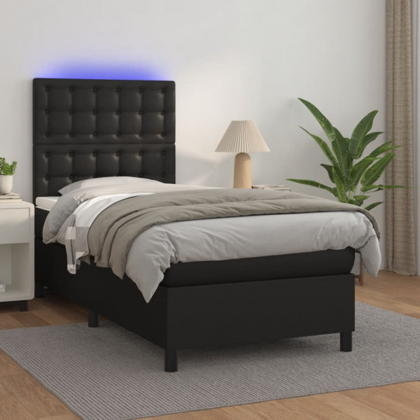 Cama box spring y colchón LED cuero sintético negro 90x190 cm D