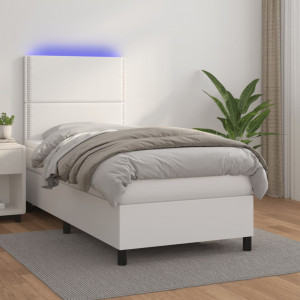 Cama box spring y colchón LED cuero sintético blanco 80x200 cm D