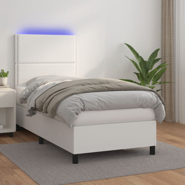 Cama box spring e colchão LED de couro sintético branco 90x200 cm D