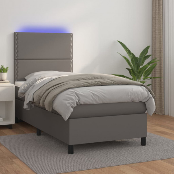 Cama box spring e colchão LED couro sintético cinza 80x200 cm D