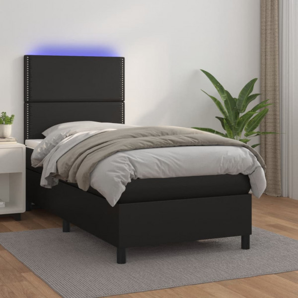 Cama box spring colchão e LED couro sintético preto 100x200 cm D