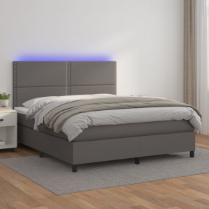 Cama box spring colchón y LED cuero sintético gris 180x200 cm D