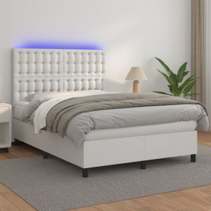 Cama box spring colchón y LED cuero sintético blanco 140x190 cm D