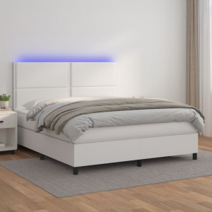 Cama box spring colchón y LED cuero sintético blanco 160x200 cm D