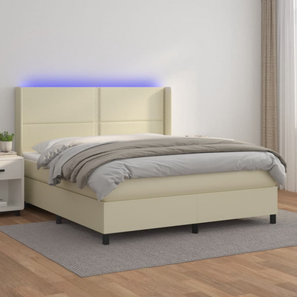 Cama box spring colchón y LED cuero sintético crema 160x200 cm D