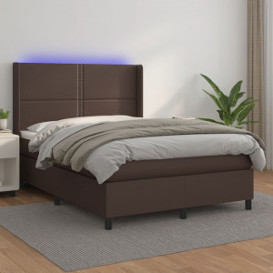 Cama box spring colchón y LED cuero sintético marrón 140x190 cm D