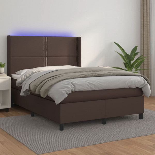 Cama box spring colchão e LED couro sintético marrom 140x190 cm D