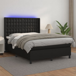 Cama box spring colchón y LED cuero sintético negro 140x190 cm D