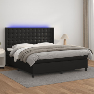 Cama box spring colchón y LED cuero sintético negro 180x200 cm D