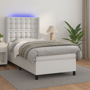 Cama box spring y colchón LED cuero sintético blanco 90x190 cm D