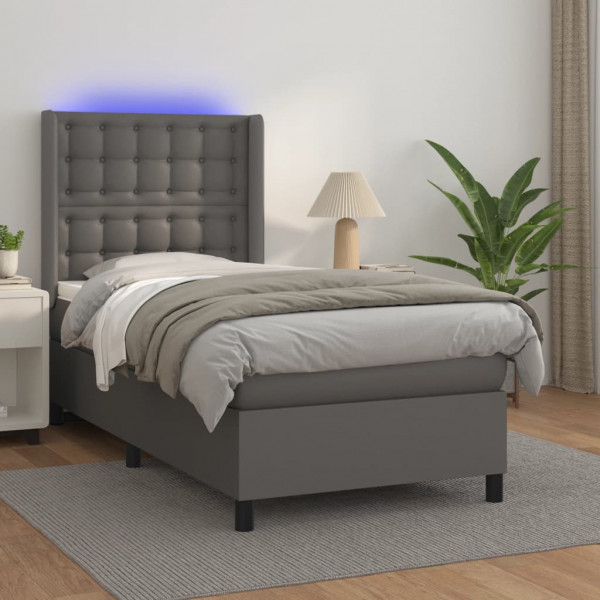Cama box spring e colchão LED couro sintético cinza 90x190 cm D