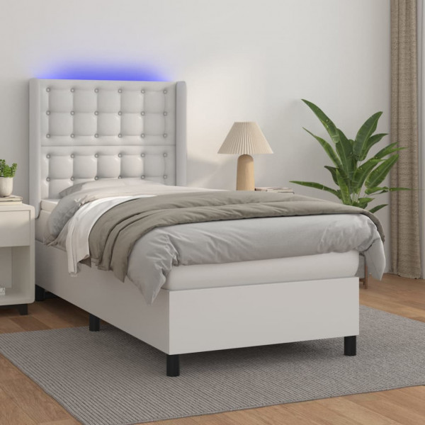 Cama box spring e colchão LED couro sintético branco 90x200 cm D