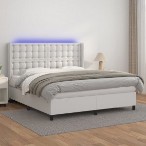 Cama box spring colchón y LED cuero sintético blanco 160x200 cm D
