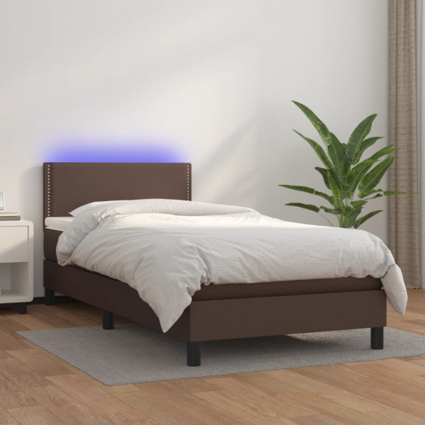Cama box spring colchão e LED couro sintético marrom 100x200 cm D