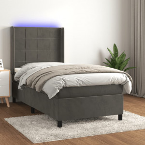 Cama box spring colchón y LED terciopelo gris oscuro 100x200 cm D