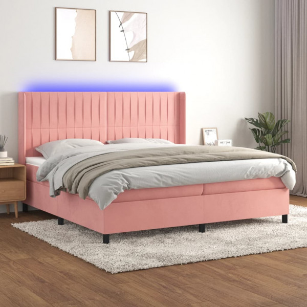 Cama box spring colchão e LED veludo rosa 200x200 cm D