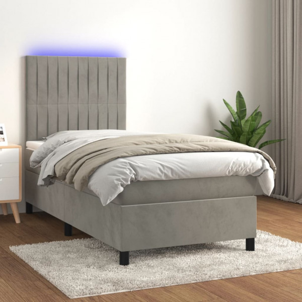 Cama box spring colchão e LED veludo cinza claro 100x200 cm D