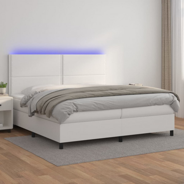 Cama box spring colchón y LED cuero sintético blanco 200x200 cm D