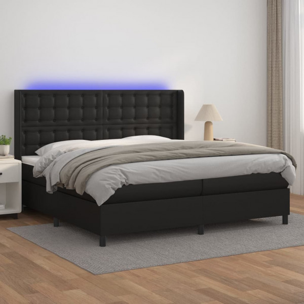 Cama box spring colchón y LED cuero sintético negro 200x200 cm D