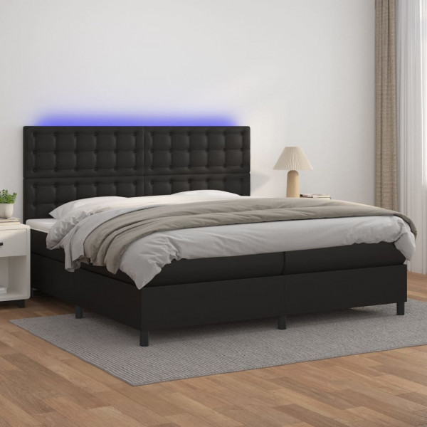 Cama box spring colchón y LED cuero sintético negro 200x200 cm D