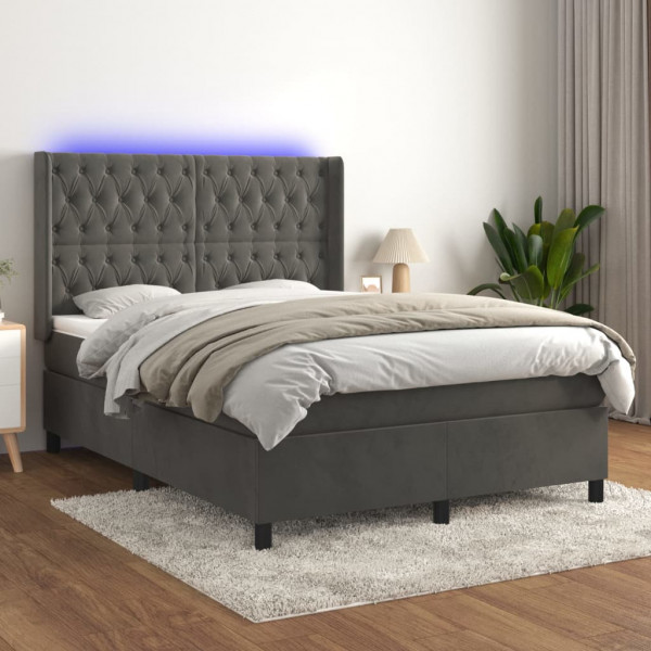 Cama box spring com colchão e veludo LED cinza escuro 140x200 cm D