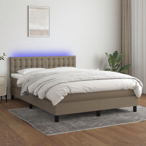 Cama box spring colchón y luces LED tela gris taupe 140x190 cm D