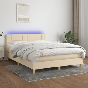 Cama box spring colchón y luces LED tela crema 140x190 cm D