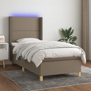 Cama box spring colchón y luces LED tela gris taupe 90x190 cm D