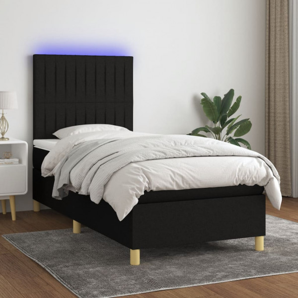 Cama box spring colchão e luzes LED tecido preto 90x190 cm D