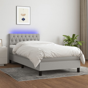 Cama box spring colchón y luces LED tela gris claro 90x190 cm D