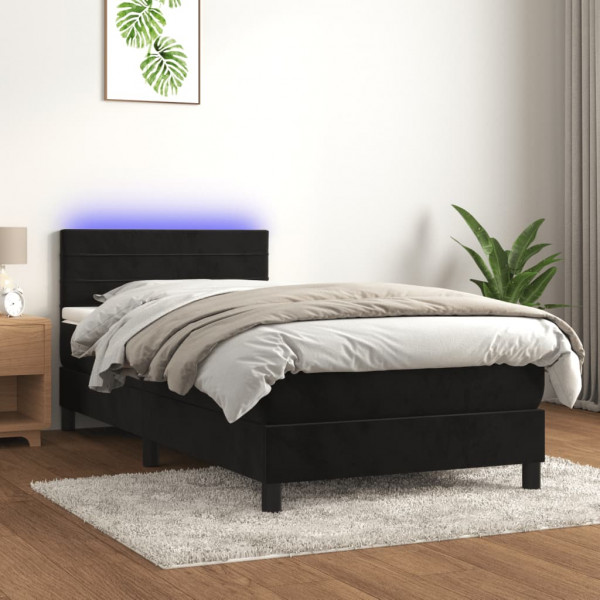 Cama box spring colchón y LED terciopelo negro 90x200 cm D