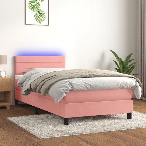Cama box spring colchón y LED terciopelo rosa 100x200 cm D