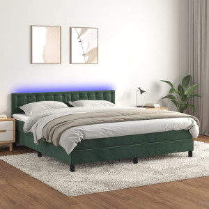 Cama box spring colchón y LED terciopelo verde oscuro 180x200cm D