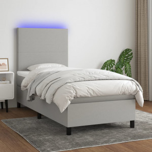 Cama box spring colchón y luces LED tela gris claro 80x200 cm D