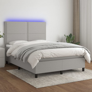 Cama box spring colchón y luces LED tela gris claro 140x190 cm D