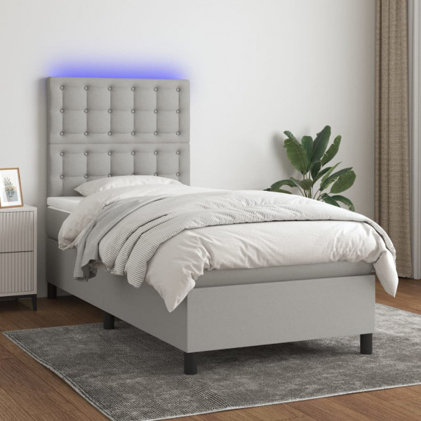 Cama box spring colchón y luces LED tela gris claro 80x200 cm D