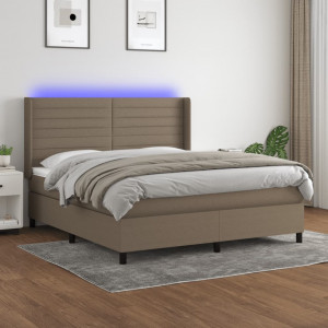Cama box spring colchón y luces LED tela gris taupe 160x200 cm D