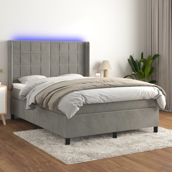 Cama box spring com colchão e veludo LED cinza claro 140x190 cm D