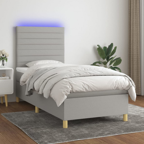 Cama box spring colchón y luces LED tela gris claro 90x190 cm D