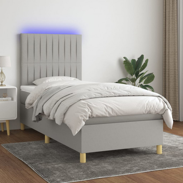 Cama box spring colchão e luzes LED tecido cinza claro 90x190 cm D