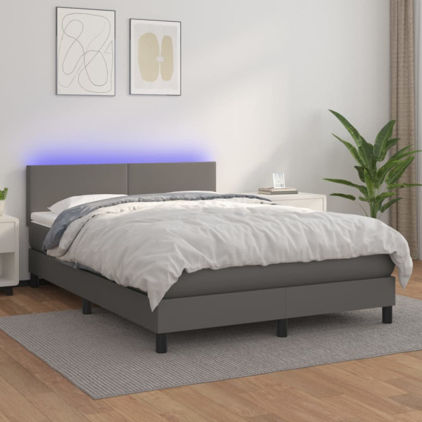 Cama box spring com colchão e couro sintético LED cinza 140x190 cm D